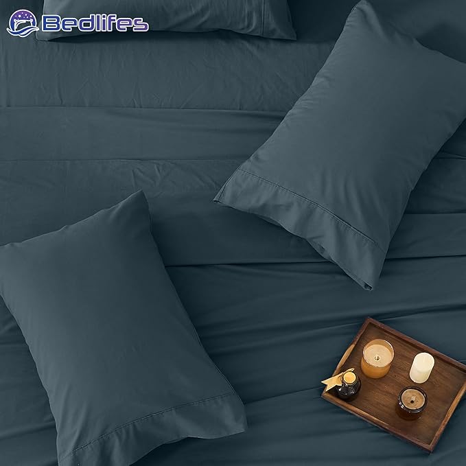 Bedlifes 100% French Pure Linen Sheets King Size Breathable and Cooling Flax Sheet Set Soft Durable and Moisture Wicking 16 Inch Deep Pocket-4 Piece(King,Cool Gray)