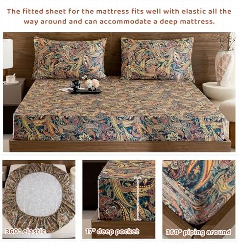 QSH Boho Bed Sheets Queen Size - 100% Egyptian Cotton Sheets Elegant Paisley Flower Pattern Printed Bedding Sheets Queen Size Bohemian Bedding 4pcs Deep Pockets Bed Sheets