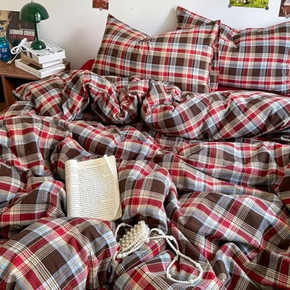 mixinni Vintage Red & Brown Buffalo Plaid Duvet Cover Set Queen Size - 3 Piece Washed Cotton Bedding Set with Classic Checkered Pattern, Cozy Farmhouse Duvet Cover with Pillowcases for All Seasons