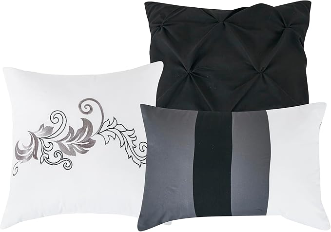 Chezmoi Collection Napa 7-Piece Luxury Leaves Scroll Embroidery Bedding Comforter Set (King, Black/Gray/White)