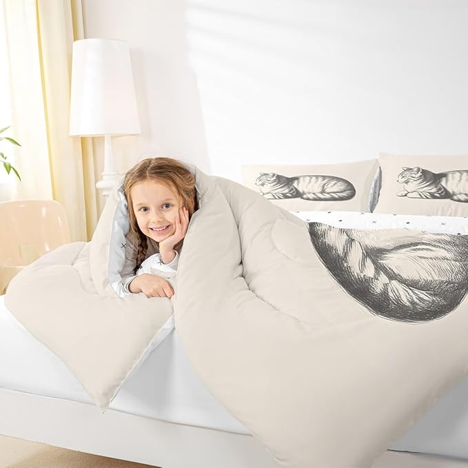 Erosebridal Cat Comforter Set Toddler Size Kitten 3D Quilt Insert for Kids Boys Girls Kawaii Sketch Animal Cute Beige White Comforter Warm Soft Bedding Set