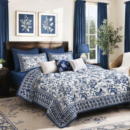 FLYMME Blue and White Vintage Floral Quilt Set Full/Queen Size, 3-Piece Classic Reversible Bedspread Coverlet with 2 Pillow Shams, Lightweight Botanical Bedding Set for All Season