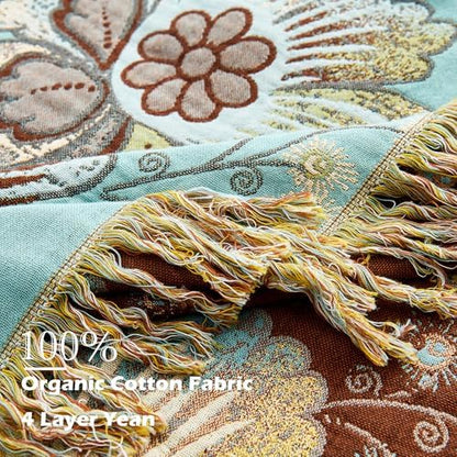 VANJOROY Boho Throw Blanket 60" x 80", 100% Organic Cotton Breathable Skin-Friendly Ultra Soft Bed Quilt Blue Throw - Floral Rustic Decor Luxury Reversible Blanket for Sofa Couch Chair and Gift,