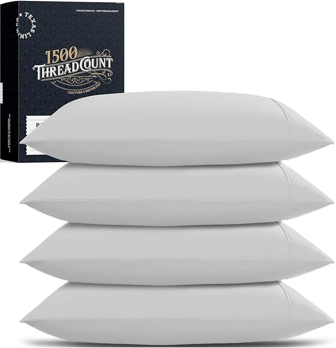 TEXAS LINEN CO. 100% Egyptian Cotton Pillow Cases King Size Set of 4 - Luxury 1500 Thread Count Cotton Pillowcases (2 Pair, Light Grey), Soft & Breathable Hotel-Quality Sateen Weave Pillowcases