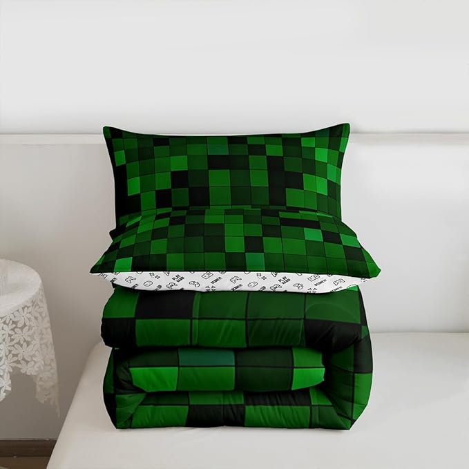 Pixelated Miners Game Kids Bedding Set King Size,Geometric Check Video Games Comforter Set,Gamepad Grid Gaming Quilt Comforter,Dark Green Bedroom Duvet Insert,2 Pillowcases