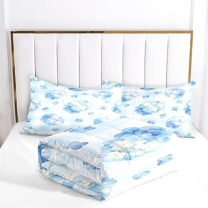 2Pcs Girls Twin Size Blue Hydrangea Comforter Set, Bedding Sets for Women Room Decor, 100% Washed Microfiber, All Season with 1 Comforter 68"x 90" and 1 Pillowcase