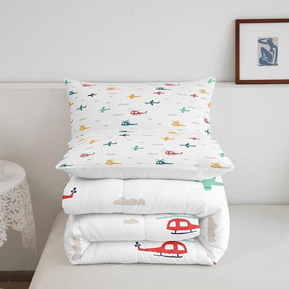 Kids Aircraft Twin Size Down Comforter Set,Watercolor Transportation Vehicles Duvet/Quilt Set Soft Bed Collection,Boys Airplanes Colorful Helicopter Bedding Comforter for Boys Girls Bedroom,2 Pcs