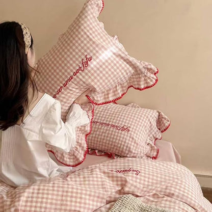 CRUSHIMO Morning Mist Gingham Washed Cotton Duvet Cover Set - Shabby Chic Gingham Plaid Bedding with Ruffle Trim & Triangle Stitching - Ultra Soft Breathable Comforter Cover (Blush Milk, King)