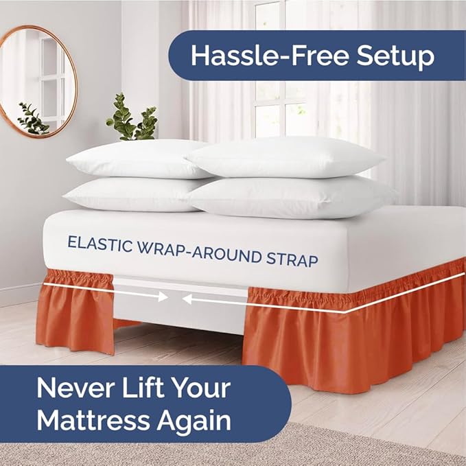 Wrap Around Dust Ruffle Bed Skirt - Terracotta - for King Size Beds w/ 12 Inch Drop - Easy Fit Elastic Strap - Adjustable Pleated Bedskirt w/Brushed Fabric - Wrinkle Free, Women, Men, Kids & Teens
