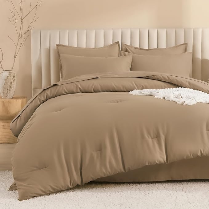 Litanika Oversized Queen Size Comforter Set Taupe - 7 Pieces Bed in a Bag Oversized Beddding Sets, Solid Lightweight Bed Set with Comforter, Sheets, Pillowcases & Shams