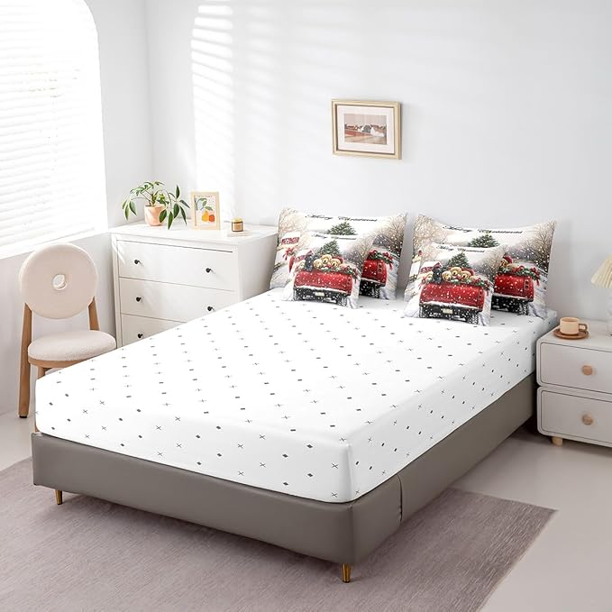 Farmhouse Christmas Dog Comforter Set 7 Pieces,Red Christmas Trees Truck Bed Set,Rustic Style Bedding Bed in a Bag,Queen (1 Comforter,2 Pillowcase,2 Pillow Covers,1 Flat Sheet,1 Fitted Sheet)