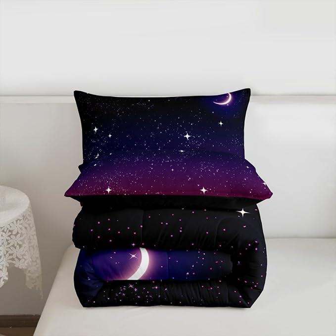 Purple Galaxy Comforter Twin Size Moon Star Comforter Set Night Starry Sky Bedding Sets Reversible Space Nebula Cosmos Aesthetic Down Comforter for Kids Adults With 1 Comforter and 1 Pillow Case