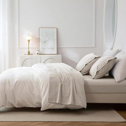 JIYUAN Full Size Sheet Set, 4-Piece - 100% Washed Cotton, Linen-Like Soft & Breathable, Includes Deep Pocket Fitted & Flat Sheet with 2 Pillowcases, Hotel Quality, Heathered Cream Grey