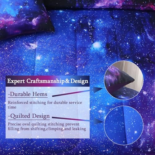 JQinHome Full Galaxy Purple Comforter Sets Blanket,8 Piece Bed in A Bag 3D Outer Space Themed Bedding, All-Season Reversible Quilted Duvet, for Children Boy Girl Teen Kids(Blue Purple)
