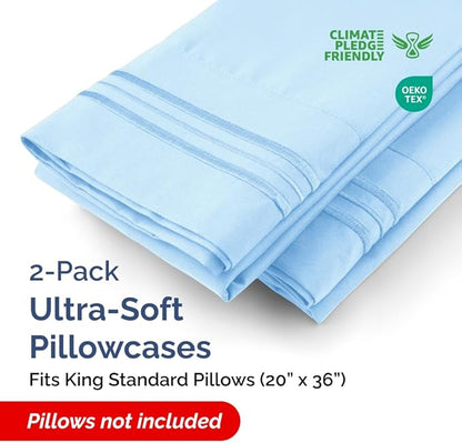 King Standard Pillow Cases Set of 2 - Soft Hotel Quality Pillowcase Covers - Comfy, Cozy & Fade Free - Wrinkle Resistant - Machine Washable Pillow Protectors - 2 Piece Set - King Standard Light Blue