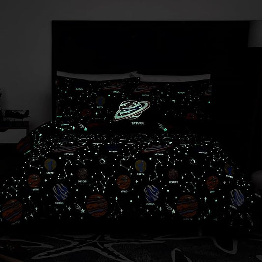 Glow in The Dark Kids Comforter Set Full Size for Boys Teen, Space Bedding Set 1 Comforter, 1 Decor Pillow, 2 Pillow Shams