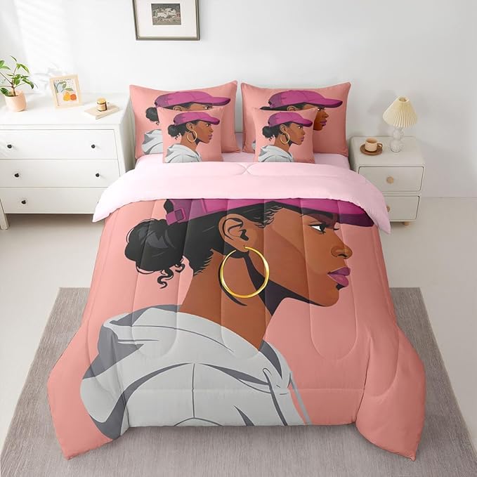 Black Girls Girls 7 Piece Bedding Set Full Size Fashion Black Woman Comforter Sets Vogue Fashionable Gorgeous Sheet Set For Kids Children Women Bedroom Decor African Princess Magical Bed In A Bag