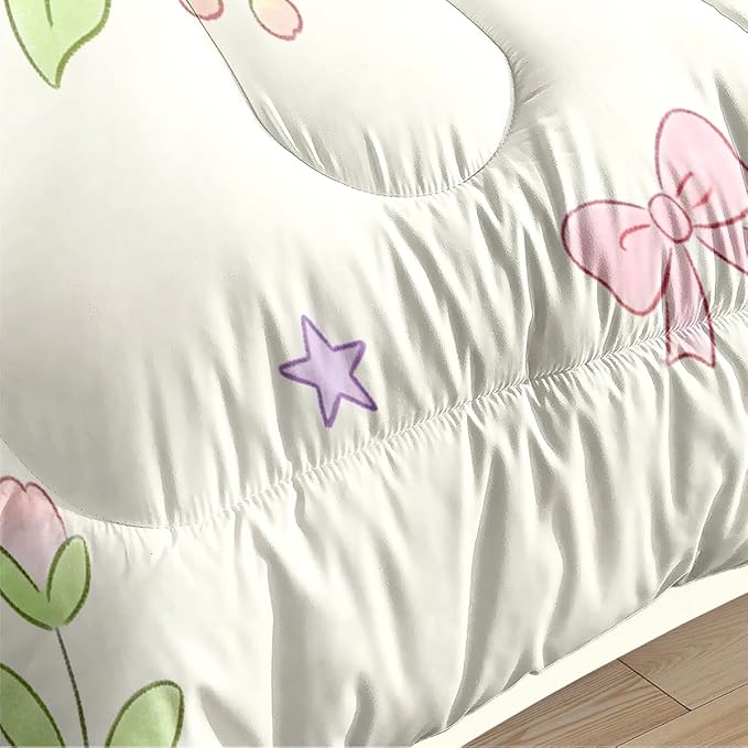 Girls 3Pcs Botanical Floral Comforter Set Queen Size, Pink Blue Flowers and Bows Bedding Sets, Includes 1 Comforter 90"x90" and 2 Pillowcases