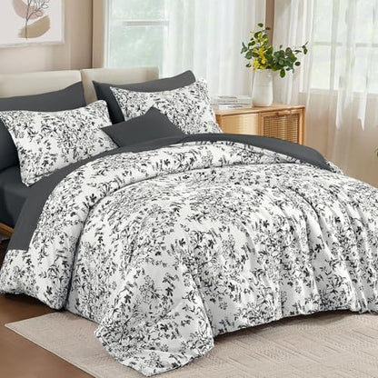 8 Pieces Floral Comforter Set King Size Black Gray Bed in a Bag Bedding
