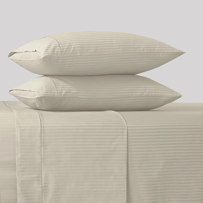 Feather & Stitch 500 TC Full Size Damask Bed Sheet Set, 100% Cotton Soft Breathable Bedsheets, 4 Piece 18" Deep Pockets Sateen Weave Striped Bedding Mattress Resort Hotel Luxury- (Beige Stripe)