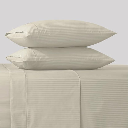 Feather & Stitch 500 TC Full Size Damask Bed Sheet Set, 100% Cotton Soft Breathable Bedsheets, 4 Piece 18" Deep Pockets Sateen Weave Striped Bedding Mattress Resort Hotel Luxury- (Beige Stripe)