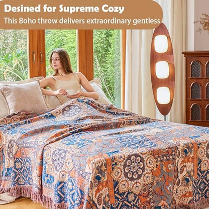 VANJOROY Boho Throw Blanket for Bed Couch 60" x 80", 100% Organic Cotton Skin-Friendly Ultra Soft Quilt Throw - Floral Rustic Living Room Decor Luxury Reversible Blanket for Sofa Chair and Gift