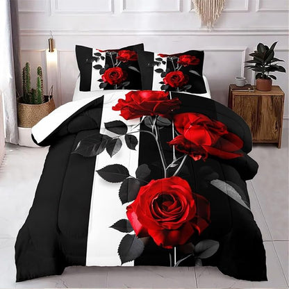 Rose Comforter Set King Black Red Bedding Set Striped Floral Bedding for Women Aesthetic Comforter with 2 Pillowcases, Ultra Soft Lightweight 3Pieces