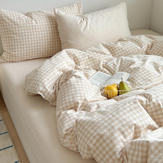 Gingham Comforter Set Queen Size - 3 Pieces Beige White Gingham Comforter Bedding Sets Checkered Pattern,Queen Bed in a Bag with Plaid Comforter and 2 Pillowcases