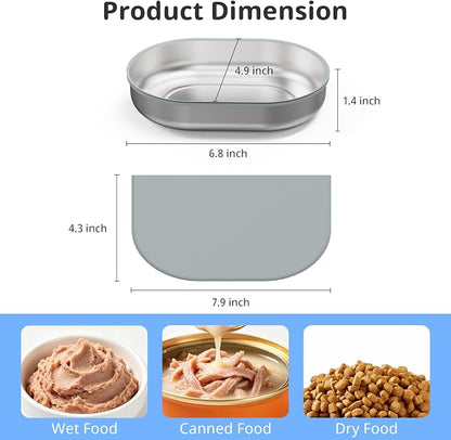 Stainless Steel Bowl Set for Automatic Microchip Cat Feeder, SUS 304 Grade, Sealing Ring to Keep Food Fresh & Reduce Odor, Easy to Clean, Includes 2 Bowls & 1 Mat