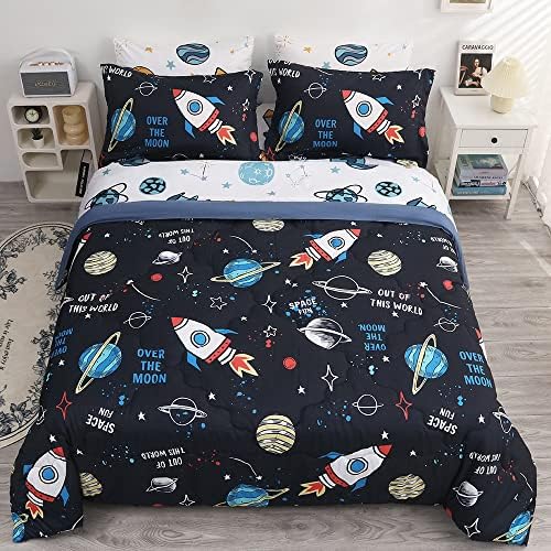 Wajade Kids Space Comforter Set Bed in A Bag Twin Size 7 Piece 3D Space Rocket Planets Bedding Set for Teens Boys Girls (1 Comforter, 1 Flat Sheet, 1 Fitted Sheet, 2 Pillowcase and 2 Pillow Sham)