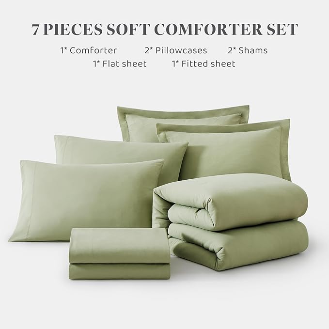 WRENSONGE Oversize King Size Comforter Set- 7 Pieces Sage Green Bed in a Bag Oversize King Size Comforter with Fitted Sheet, Flat Sheet, 2 Pillow Shams, 2 Pillowcases, Warm Bedding Sets for All Season