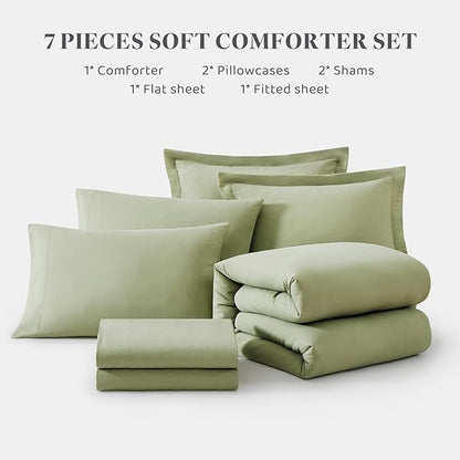 WRENSONGE California King Size Comforter Set- 7 Pieces Sage Green Bed in a Bag with Comforter, Fitted Sheet, Flat Sheet, 2 Pillow Shams, 2 Pillowcases, Warm Bedding Sets for All Season