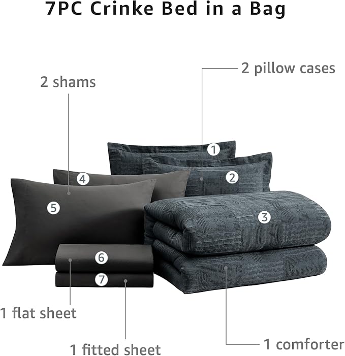 MaiRêve King Comforter Set Blue Grey, Textured Design Crinkle Bedding Sets 7 Pieces, All Season Bed in A Bag with Comforter, Sheets, Pillowcases & Shams