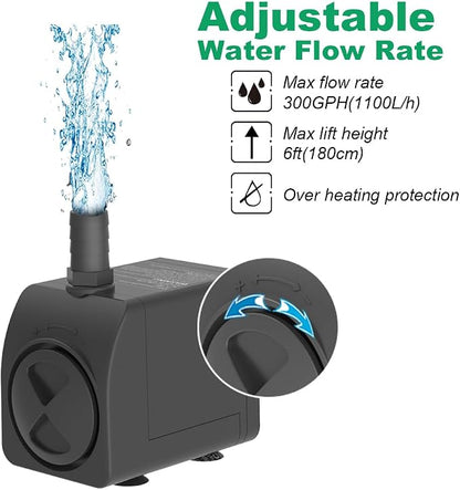 300GPH Submersible Water Pump 5.2ft High Lift for Fountains | Ultra-Quiet with Over Heating Protection, Perfect for Hydroponic, Small Pond, Aquarium, Fountain Outdoor