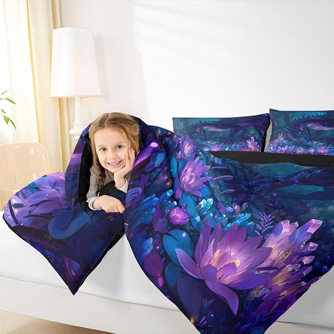 Feelyou Dragon Comforter Set King Size Dragon Stuff Bedding Set for Kids Boys Girls Wild Life Duvet Quilt Magic Wildlife Bedroom Decor Purple and Black Microfiber 3 Pcs with 2 Pillow Cases