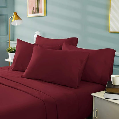 BYSURE 6 Pieces Bed Sheets Set(King, Burgundy) - Hotel Luxury Super Soft 1800 Thread Count 100% Microfiber Sheets with Deep Pockets, Wrinkle & Fade Resistant