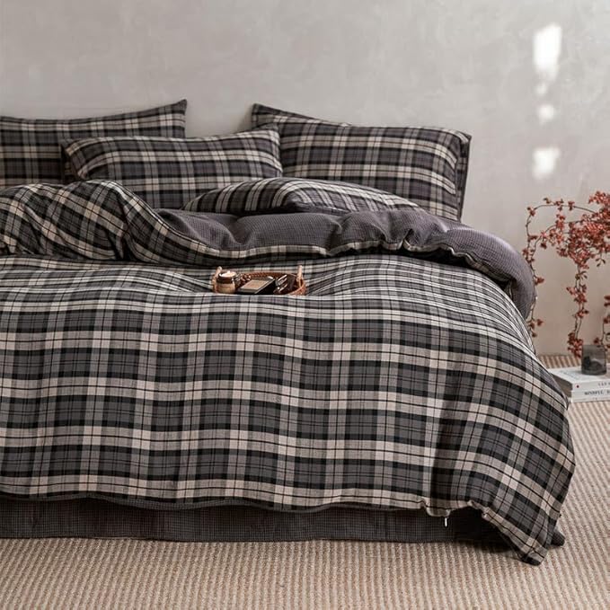 VM VOUGEMARKET Vintage Buffalo Plaid Duvet Cover Queen,Double Layer Cotton Jacquard Bedding Set with Grey Gingham Pattern,Soft Breathable Reversible Duvet Cover with Zipper Closure