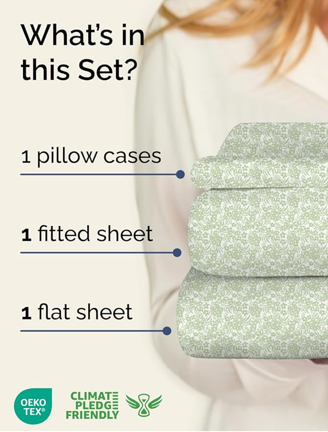 Floral Sheets - Green Flower Bed Sheet Set - 1 Flat, 1 Fitted & 1 Pillowcase w/ Deep Pockets - Comfy, Cozy, Wrinkle & Fade Free - Boho Botanical Bedding - Soft, Breathable & Cooling - Twin Size Set