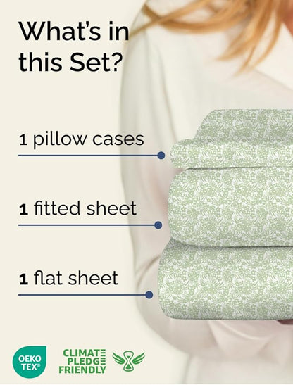 Floral Sheets - Green Flower Bed Sheet Set - 1 Flat, 1 Fitted & 1 Pillowcase w/ Deep Pockets - Comfy, Cozy, Wrinkle & Fade Free - Boho Botanical Bedding - Soft, Breathable & Cooling - Twin Size Set