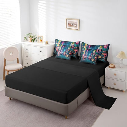 Feelyou Japanese Art Comforter Set 7 Pieces Queen Size Tokyo Anime Bedding Set for Boys Girls Japan Night City Bed in a Bag with Comforter, Sheets, Pillowcases & Cushion Covers