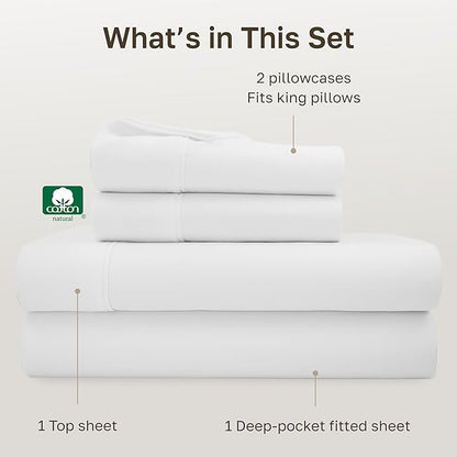 California Design Den King Bed Sheets Set - Soft 400 Thread Count Sateen, 100% Cotton Sheets, Deep Pockets with All Around Elastic for a Snug Fit, Durable Bedding Set - Antique White