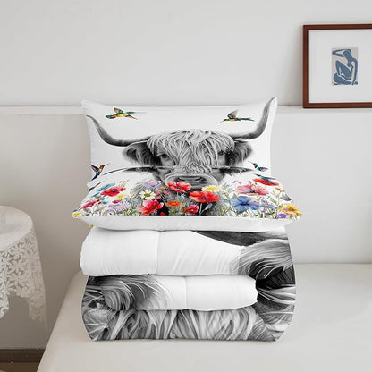 Highland Cow Comforter Set Full, Red Poppy Floral Bedding Set for Teens Boys Girls Adult, Hummingbird Western Funny Animals Quilt Set Cattle Bull Cattle Wild Animals Farmhouse Down Comforter