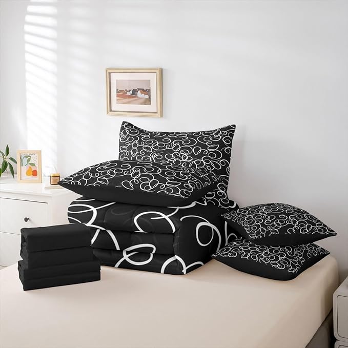 Erosebridal Black White Geometric 7 Piece Comforter Set King Abstract Line Modern Art Bedding Set for Kids Teens Boys Chic Swirls Bed in A Bag Texture Artwork Sheet Set Bedroom Decor
