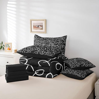 Erosebridal Black White Geometric 7 Piece Comforter Set Twin Abstract Line Modern Art Bedding Set for Kids Teens Boys Chic Swirls Bed in A Bag Texture Artwork Sheet Set Bedroom Decor