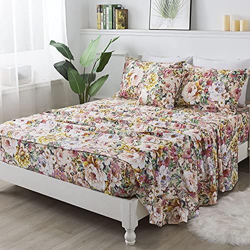 FADFAY Floral Sheets Set California King 100% Cotton Shabby Garden Flower Orange Pink Vintage Peony Bedding 600TC Elegant Cottagecore Bedding Soft Deep Pocket Bed Sheets Set, 4Pcs