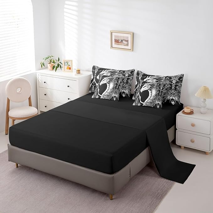 Erosebridal 3D Dragon 7 Piece Comforter Set Full Bed in a Bag,Vintage Gothic Black and White Dragon Bedding Sets Antique Wildlife Mythical Animal Sheet Set with Comforter