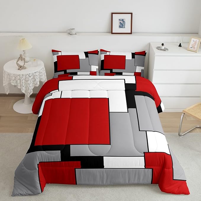 Erosebridal Red Grey Black White Comforter Set for Women Men,3D Modern Square Bedding Set King Size,Geometric Quilt Set,Square Grid Patchwork Down Comforter with 2 Pillowcases Ultra Soft