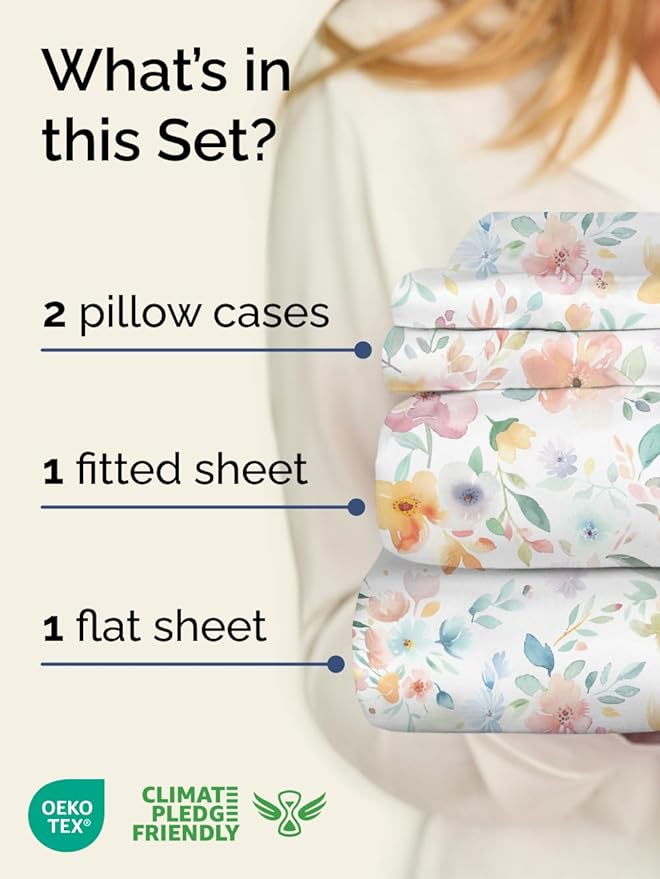 Floral Sheets - Flower Print Bed Sheet Set - 1 Flat, 1 Fitted & 2 Pillowcases w/ Deep Pockets - Comfy, Cozy, Wrinkle & Fade Free - Boho Botanical Bedding - Soft, Breathable & Cooling - Queen Size Set