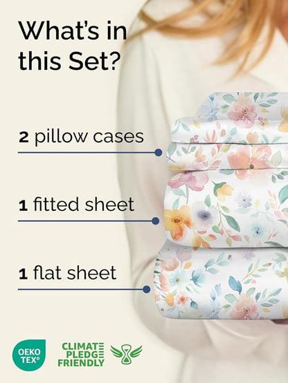 Floral Sheets - Flower Print Bed Sheet Set - 1 Flat, 1 Fitted & 2 Pillowcases w/ Deep Pockets - Comfy, Wrinkle & Fade Free - Boho Botanical Bedding - Soft, Breathable and Cooling - Cal King Size Set