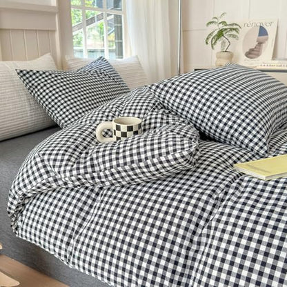 LifeTB Queen Comforter Set Black Gingham Comforter Modern Style Checkered Pattern Comforter Set Boho Grid Plaid Bedding Comforter Fluffy Soft Lightweight Grid Bedding Set Queen Size for All Season